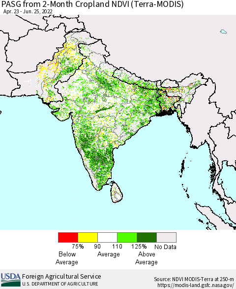 Southern Asia PASG from 2-Month Cropland NDVI (Terra-MODIS) Thematic Map For 6/21/2022 - 6/30/2022