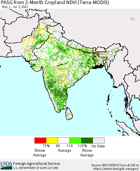 Southern Asia PASG from 2-Month Cropland NDVI (Terra-MODIS) Thematic Map For 7/1/2022 - 7/10/2022