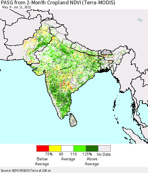 Southern Asia PASG from 2-Month Cropland NDVI (Terra-MODIS) Thematic Map For 7/4/2022 - 7/11/2022