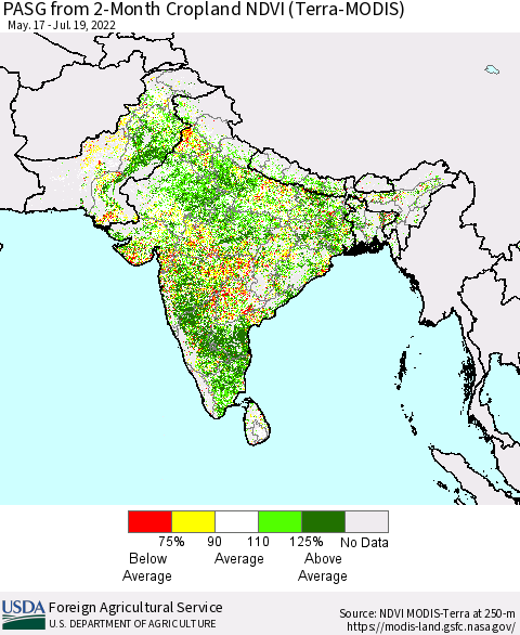 Southern Asia PASG from 2-Month Cropland NDVI (Terra-MODIS) Thematic Map For 7/11/2022 - 7/20/2022