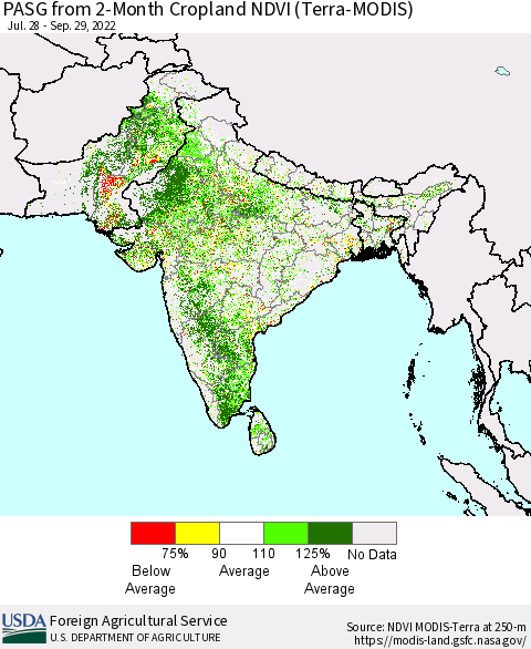 Southern Asia PASG from 2-Month Cropland NDVI (Terra-MODIS) Thematic Map For 9/21/2022 - 9/30/2022