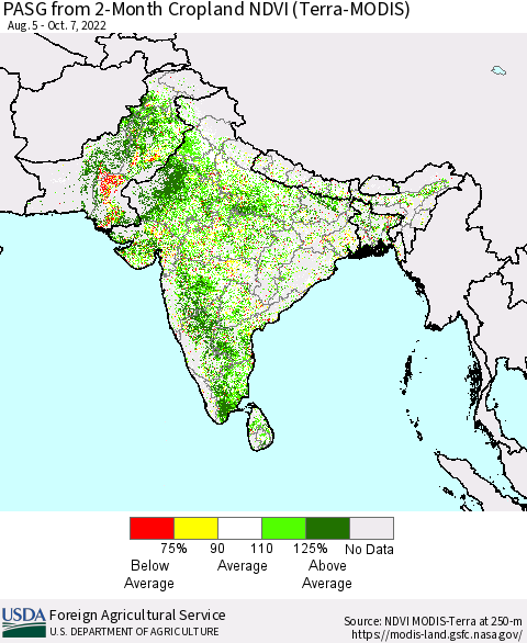 Southern Asia PASG from 2-Month Cropland NDVI (Terra-MODIS) Thematic Map For 10/1/2022 - 10/10/2022