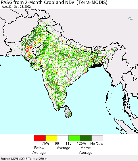 Southern Asia PASG from 2-Month Cropland NDVI (Terra-MODIS) Thematic Map For 10/16/2022 - 10/23/2022