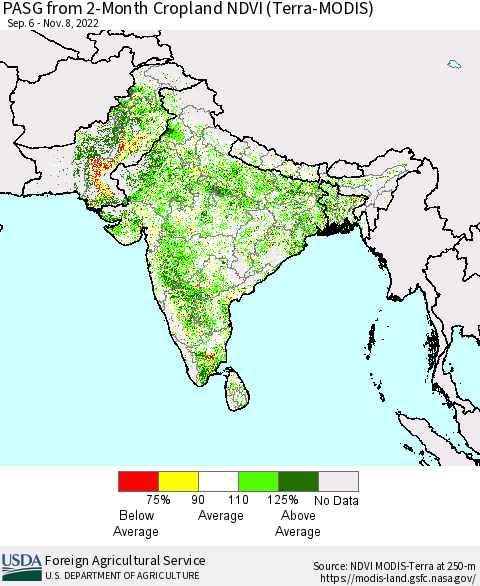 Southern Asia PASG from 2-Month Cropland NDVI (Terra-MODIS) Thematic Map For 11/1/2022 - 11/10/2022