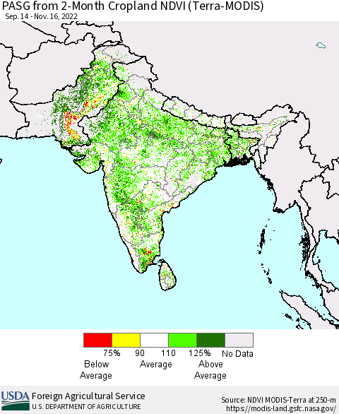Southern Asia PASG from 2-Month Cropland NDVI (Terra-MODIS) Thematic Map For 11/11/2022 - 11/20/2022