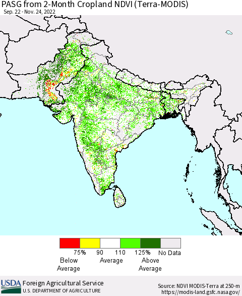 Southern Asia PASG from 2-Month Cropland NDVI (Terra-MODIS) Thematic Map For 11/21/2022 - 11/30/2022