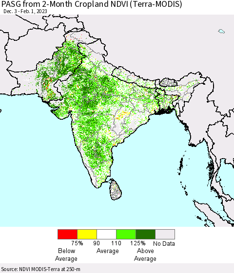 Southern Asia PASG from 2-Month Cropland NDVI (Terra-MODIS) Thematic Map For 1/25/2023 - 2/1/2023