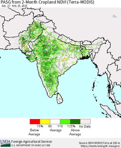 Southern Asia PASG from 2-Month Cropland NDVI (Terra-MODIS) Thematic Map For 2/21/2023 - 2/28/2023