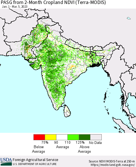 Southern Asia PASG from 2-Month Cropland NDVI (Terra-MODIS) Thematic Map For 3/1/2023 - 3/10/2023