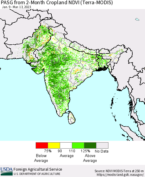 Southern Asia PASG from 2-Month Cropland NDVI (Terra-MODIS) Thematic Map For 3/11/2023 - 3/20/2023