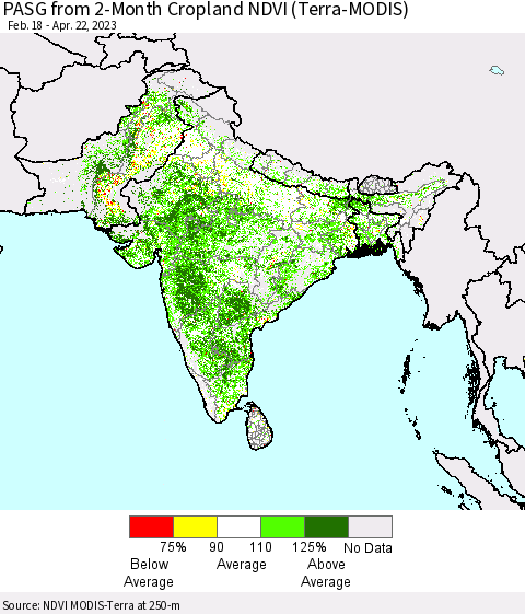 Southern Asia PASG from 2-Month Cropland NDVI (Terra-MODIS) Thematic Map For 4/15/2023 - 4/22/2023