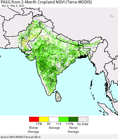 Southern Asia PASG from 2-Month Cropland NDVI (Terra-MODIS) Thematic Map For 5/1/2023 - 5/8/2023