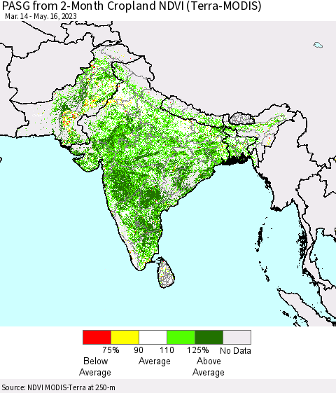 Southern Asia PASG from 2-Month Cropland NDVI (Terra-MODIS) Thematic Map For 5/9/2023 - 5/16/2023