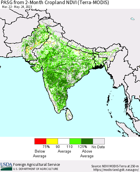 Southern Asia PASG from 2-Month Cropland NDVI (Terra-MODIS) Thematic Map For 5/21/2023 - 5/31/2023