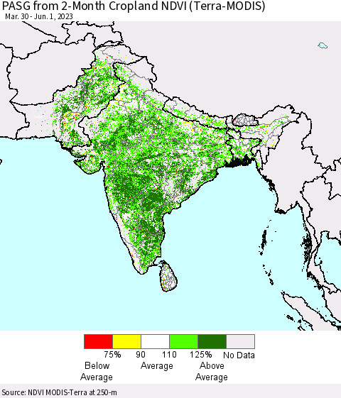 Southern Asia PASG from 2-Month Cropland NDVI (Terra-MODIS) Thematic Map For 5/25/2023 - 6/1/2023