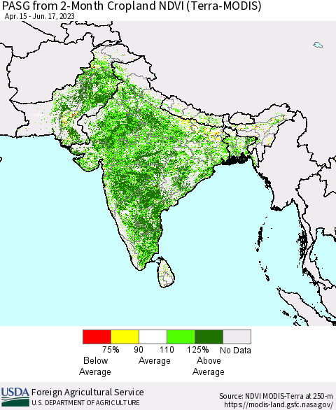 Southern Asia PASG from 2-Month Cropland NDVI (Terra-MODIS) Thematic Map For 6/11/2023 - 6/20/2023