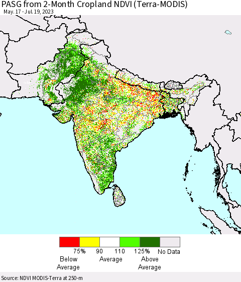 Southern Asia PASG from 2-Month Cropland NDVI (Terra-MODIS) Thematic Map For 7/12/2023 - 7/19/2023