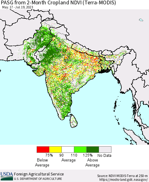 Southern Asia PASG from 2-Month Cropland NDVI (Terra-MODIS) Thematic Map For 7/11/2023 - 7/20/2023