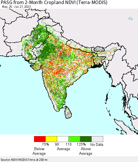 Southern Asia PASG from 2-Month Cropland NDVI (Terra-MODIS) Thematic Map For 7/20/2023 - 7/27/2023
