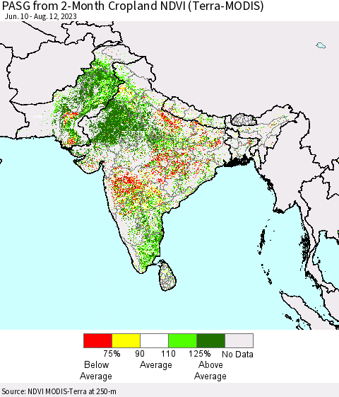 Southern Asia PASG from 2-Month Cropland NDVI (Terra-MODIS) Thematic Map For 8/5/2023 - 8/12/2023
