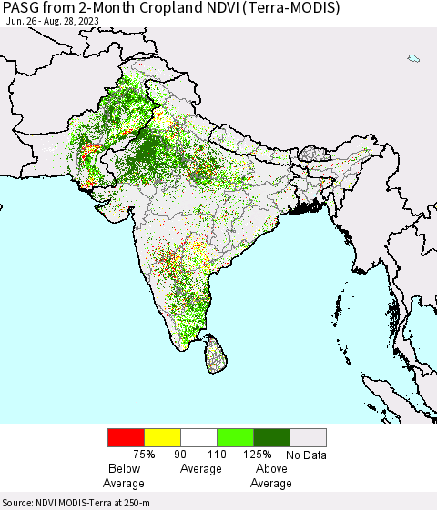 Southern Asia PASG from 2-Month Cropland NDVI (Terra-MODIS) Thematic Map For 8/21/2023 - 8/28/2023