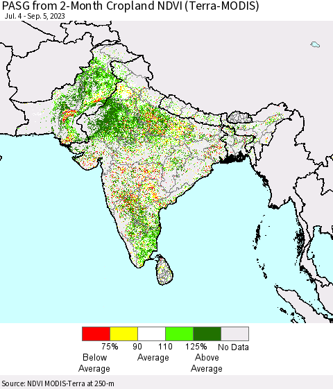 Southern Asia PASG from 2-Month Cropland NDVI (Terra-MODIS) Thematic Map For 8/29/2023 - 9/5/2023