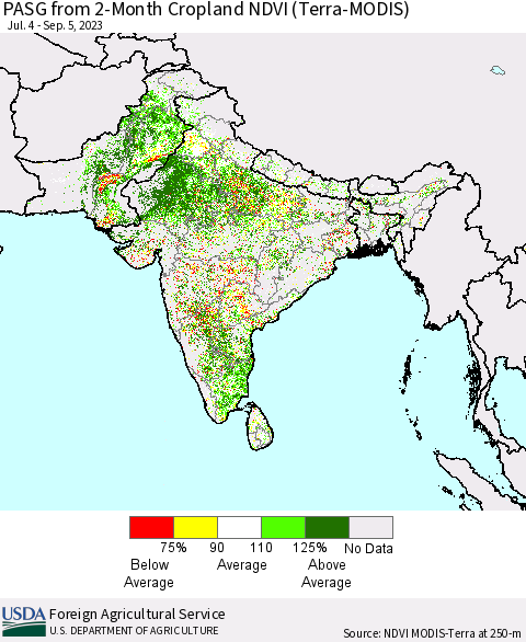 Southern Asia PASG from 2-Month Cropland NDVI (Terra-MODIS) Thematic Map For 9/1/2023 - 9/10/2023