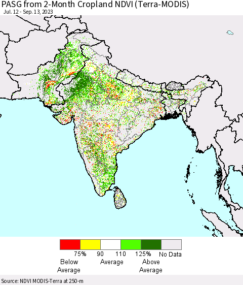 Southern Asia PASG from 2-Month Cropland NDVI (Terra-MODIS) Thematic Map For 9/6/2023 - 9/13/2023