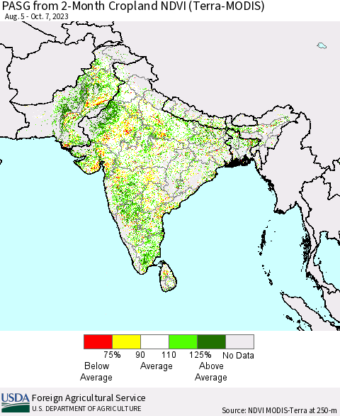 Southern Asia PASG from 2-Month Cropland NDVI (Terra-MODIS) Thematic Map For 10/1/2023 - 10/10/2023