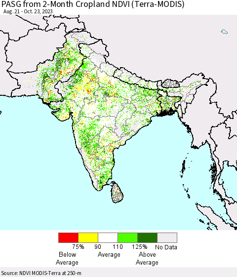 Southern Asia PASG from 2-Month Cropland NDVI (Terra-MODIS) Thematic Map For 10/16/2023 - 10/23/2023