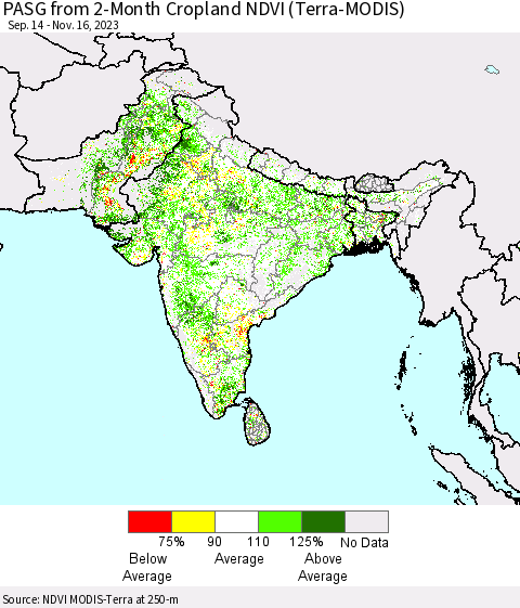 Southern Asia PASG from 2-Month Cropland NDVI (Terra-MODIS) Thematic Map For 11/9/2023 - 11/16/2023