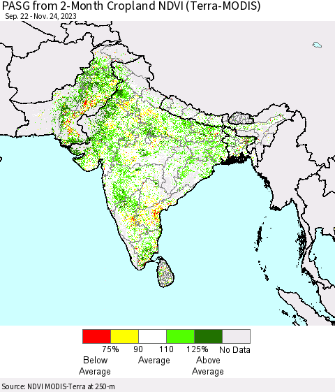 Southern Asia PASG from 2-Month Cropland NDVI (Terra-MODIS) Thematic Map For 11/17/2023 - 11/24/2023