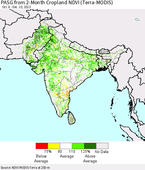 Southern Asia PASG from 2-Month Cropland NDVI (Terra-MODIS) Thematic Map For 12/3/2023 - 12/10/2023