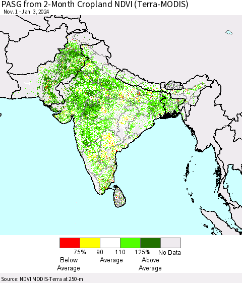 Southern Asia PASG from 2-Month Cropland NDVI (Terra-MODIS) Thematic Map For 12/27/2023 - 1/3/2024