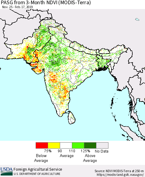 Southern Asia PASG from 3-Month NDVI (Terra-MODIS) Thematic Map For 2/11/2019 - 2/20/2019