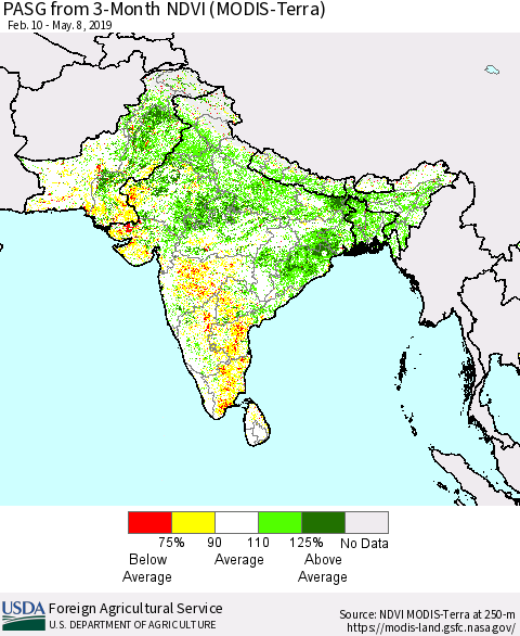 Southern Asia PASG from 3-Month NDVI (Terra-MODIS) Thematic Map For 5/1/2019 - 5/10/2019