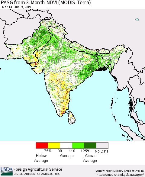 Southern Asia PASG from 3-Month NDVI (Terra-MODIS) Thematic Map For 6/1/2019 - 6/10/2019