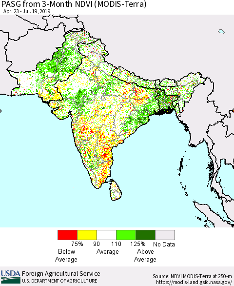 Southern Asia PASG from 3-Month NDVI (MODIS-Terra) Thematic Map For 7/11/2019 - 7/20/2019