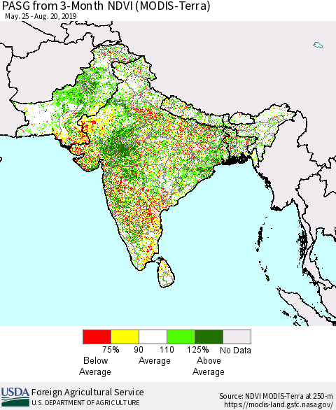Southern Asia PASG from 3-Month NDVI (Terra-MODIS) Thematic Map For 8/11/2019 - 8/20/2019