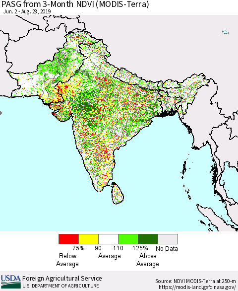 Southern Asia PASG from 3-Month NDVI (MODIS-Terra) Thematic Map For 8/21/2019 - 8/31/2019