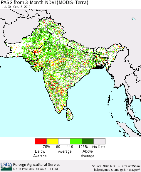 Southern Asia PASG from 3-Month NDVI (Terra-MODIS) Thematic Map For 10/11/2019 - 10/20/2019