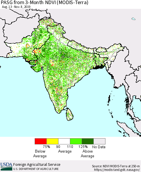 Southern Asia PASG from 3-Month NDVI (Terra-MODIS) Thematic Map For 11/1/2019 - 11/10/2019