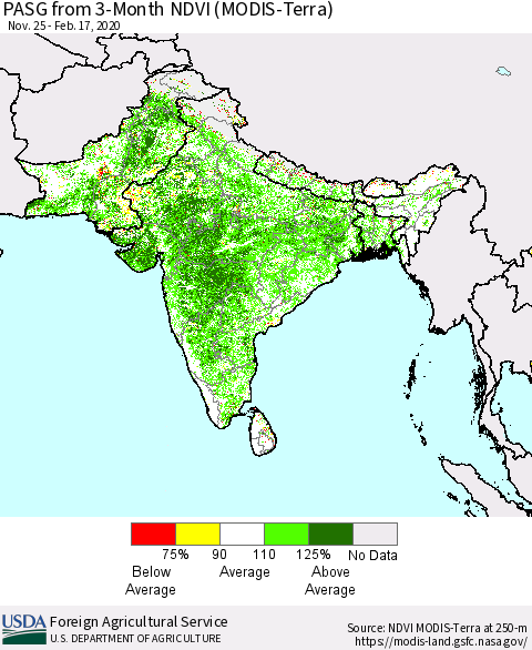 Southern Asia PASG from 3-Month NDVI (Terra-MODIS) Thematic Map For 2/11/2020 - 2/20/2020