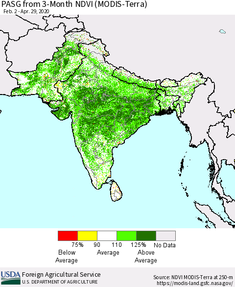 Southern Asia PASG from 3-Month NDVI (MODIS-Terra) Thematic Map For 4/21/2020 - 4/30/2020