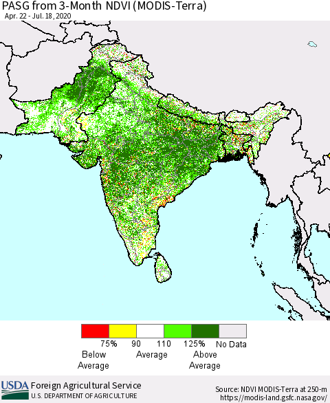 Southern Asia PASG from 3-Month NDVI (Terra-MODIS) Thematic Map For 7/11/2020 - 7/20/2020