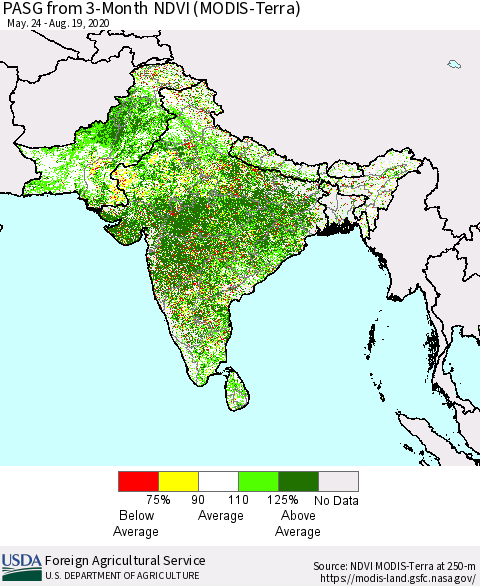 Southern Asia PASG from 3-Month NDVI (Terra-MODIS) Thematic Map For 8/11/2020 - 8/20/2020