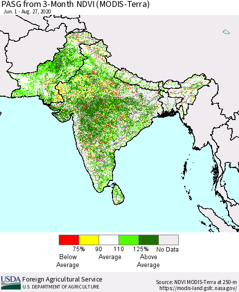 Southern Asia PASG from 3-Month NDVI (Terra-MODIS) Thematic Map For 8/21/2020 - 8/31/2020