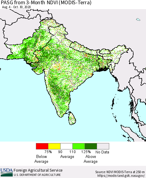 Southern Asia PASG from 3-Month NDVI (MODIS-Terra) Thematic Map For 10/21/2020 - 10/31/2020