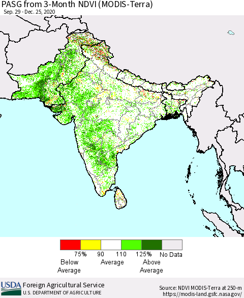 Southern Asia PASG from 3-Month NDVI (Terra-MODIS) Thematic Map For 12/21/2020 - 12/31/2020