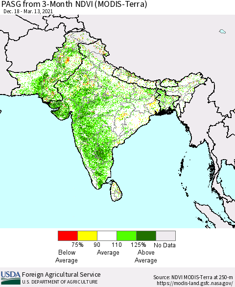 Southern Asia PASG from 3-Month NDVI (MODIS-Terra) Thematic Map For 3/11/2021 - 3/20/2021